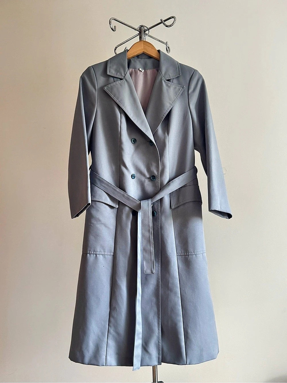 Petite Fashions by Westfield 60s Vintage Double-Breasted Blue Gray Trench Coat